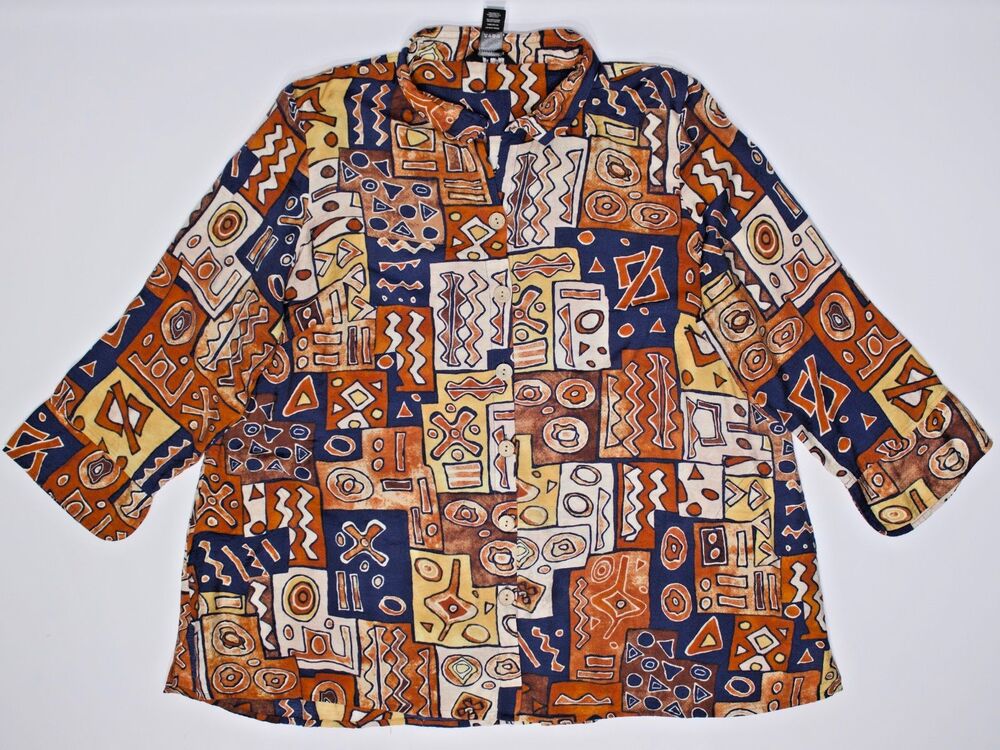 Ali Miles Plus Size 1X 80s 90s Style Beige Hawaiian Button Blouse Top w/Pockets